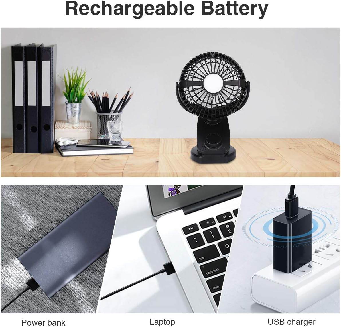FITFORT Portable Clip-On Fan | USB Rechargeable with LED Light