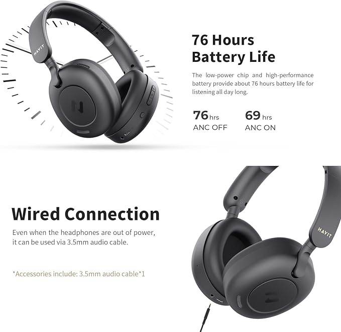 Havit H655BT Hybrid ANC Bluetooth Headset – On-Ear, 65 Hour Battery, Dual Device Support, ENC Clear Calls (BEIGE)