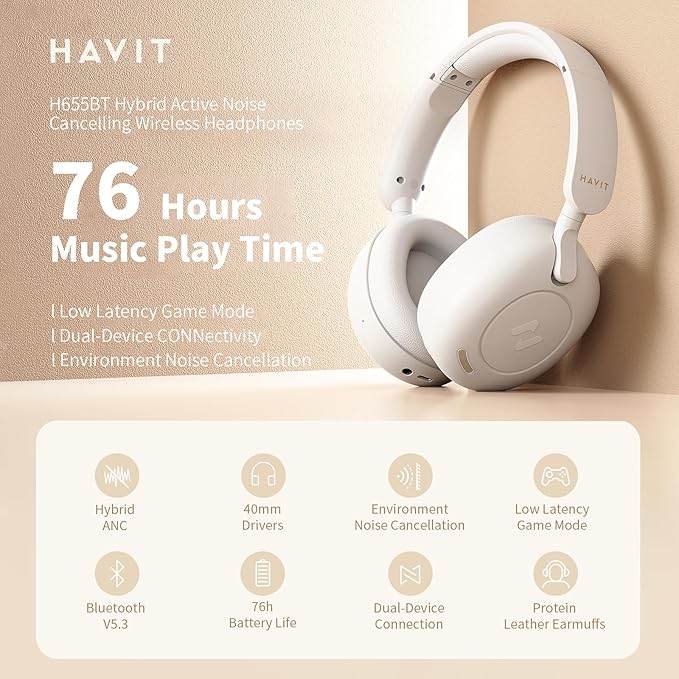 Havit H655BT Hybrid ANC Bluetooth Headset – On-Ear, 65 Hour Battery, Dual Device Support, ENC Clear Calls (BEIGE)