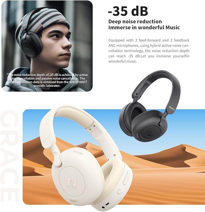 Havit H655BT Hybrid ANC Bluetooth Headset – On-Ear, 65 Hour Battery, Dual Device Support, ENC Clear Calls (BEIGE)