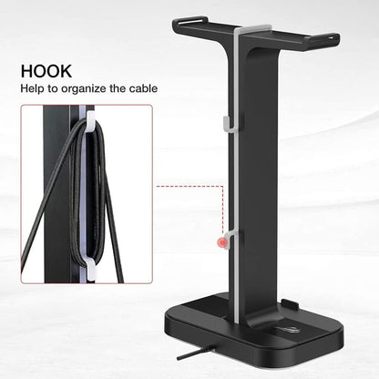 Havit TH650 RGB Headphone Stand – Dual Headset Holder, 2 USB Ports, Phone Stand (Black)