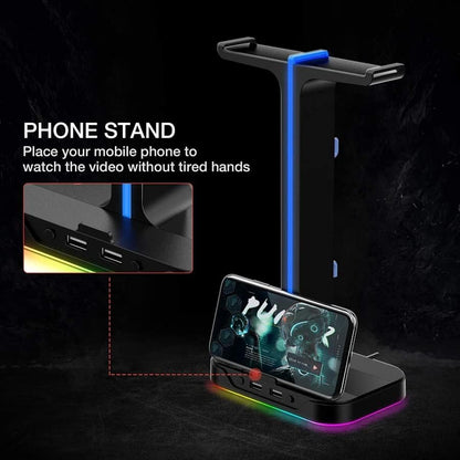 Havit TH650 RGB Headphone Stand – Dual Headset Holder, 2 USB Ports, Phone Stand (Black)