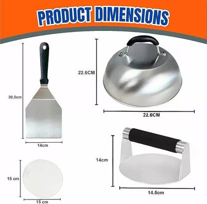 HTT GLOBAL Smash Burger Press & Griddle Kit – Stainless Steel Smasher, Spatula, Melting Dome & Wax Discs