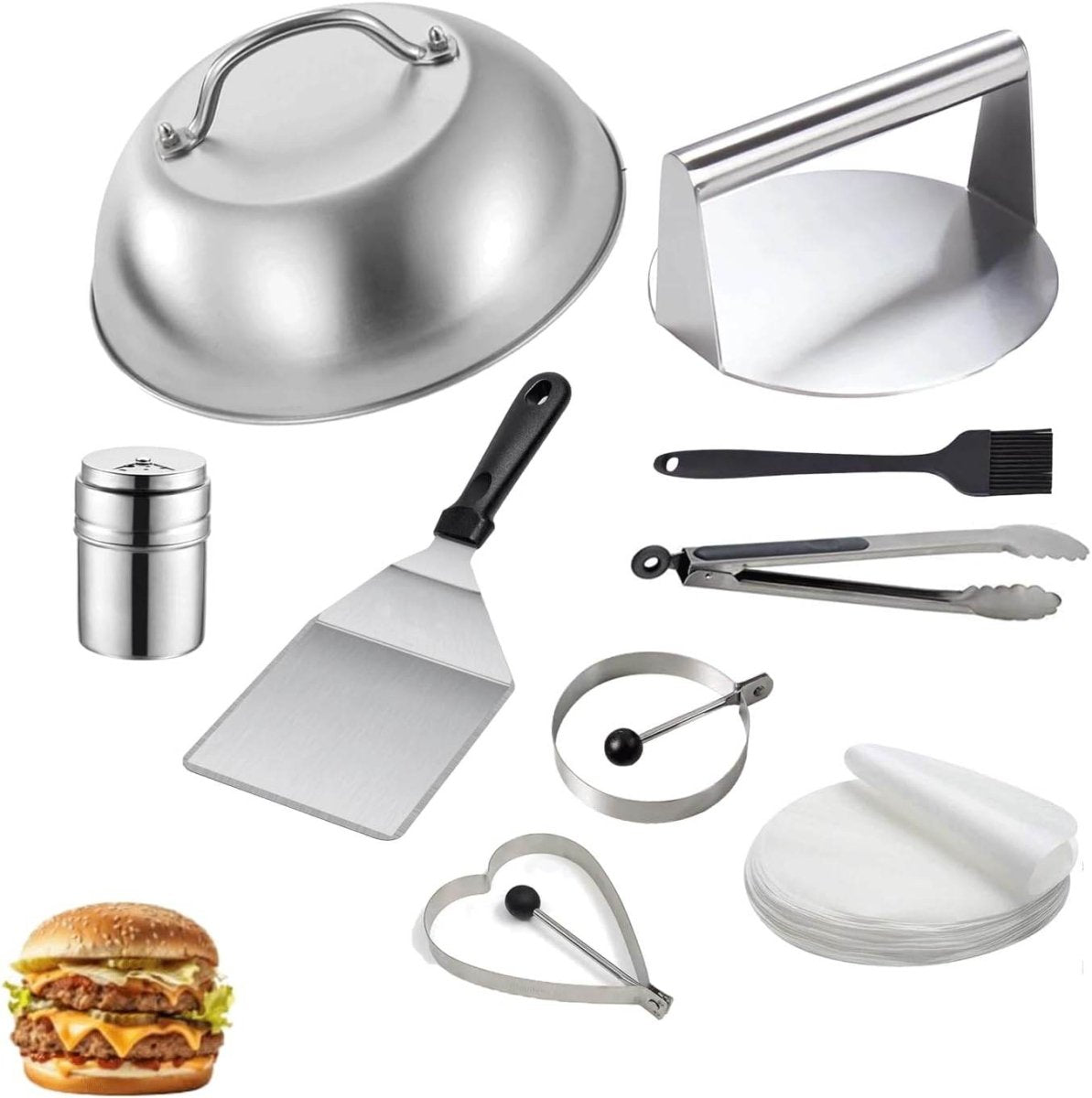 HTT GLOBAL Smash Burger Press & Griddle Kit – Stainless Steel Smasher, Spatula, Melting Dome & Wax Discs
