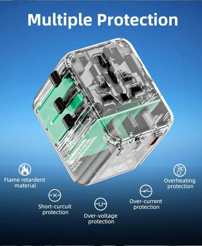 Universal Travel Adapter – All-in-One with 2 USB-C, 1 USB-A | Worldwide Plug Support (US, UK, EU, AU)