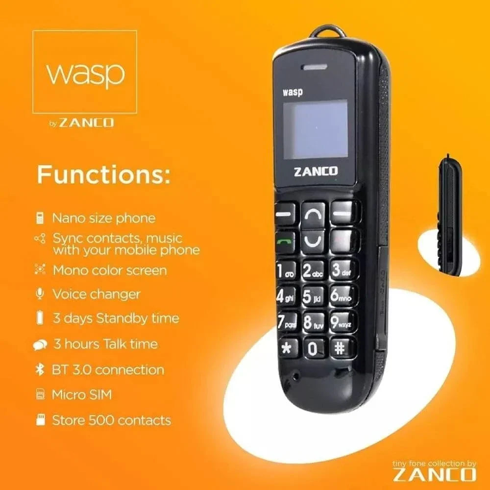 Zanco Wasp – World's Most Compact Mini Mobile Phone (Black) – Bluetooth Dialer, Voice Changer & MP3