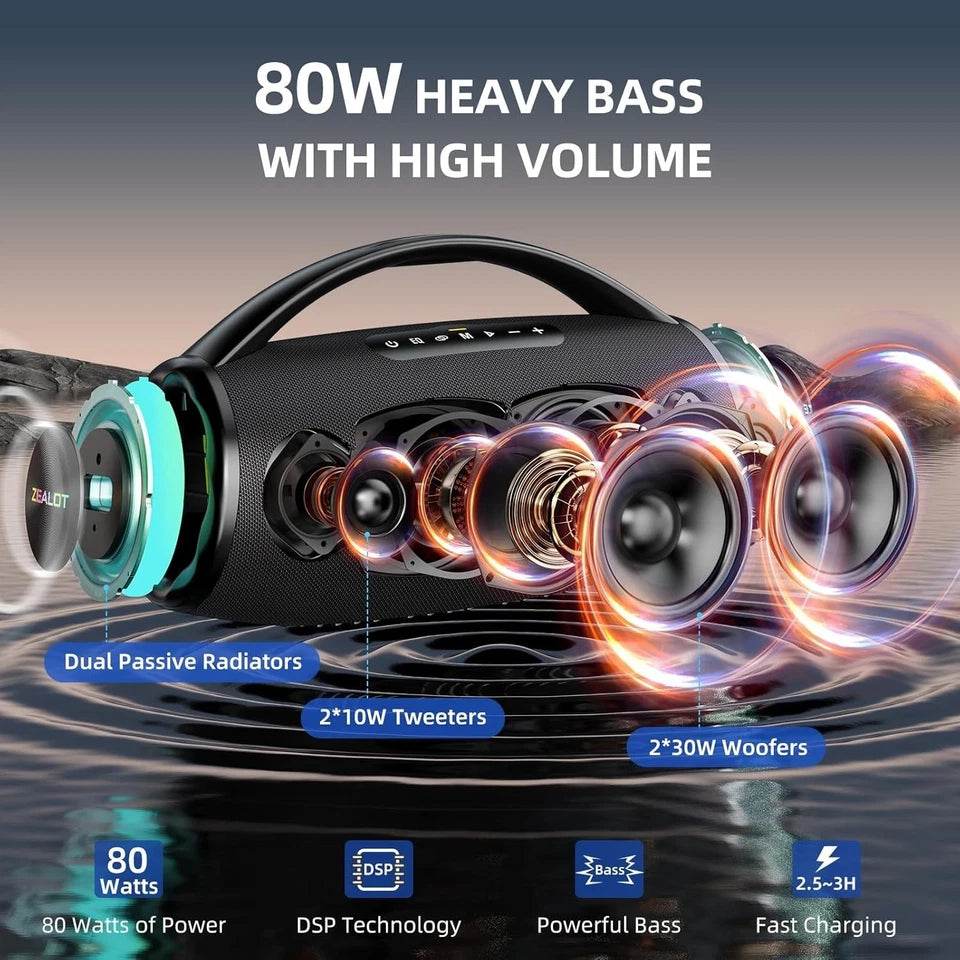 ZEALOT S97 Portable Bluetooth Speaker – 80W High Power, 3 EQ Modes, IPX6 Waterproof